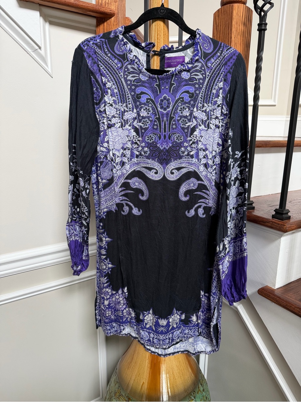 Linen Black and Purple Paisley-Print Long Sleeve Kurta Tunic